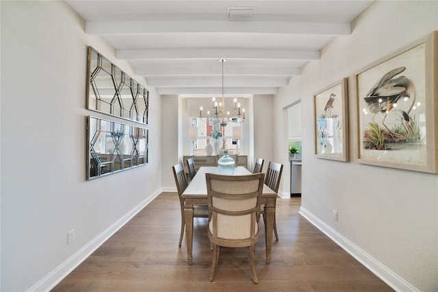 dining room with dark wood-type flooring, visible vents, and baseboards