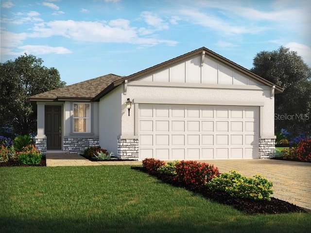 single story home featuring an attached garage, stone siding, decorative driveway, and stucco siding