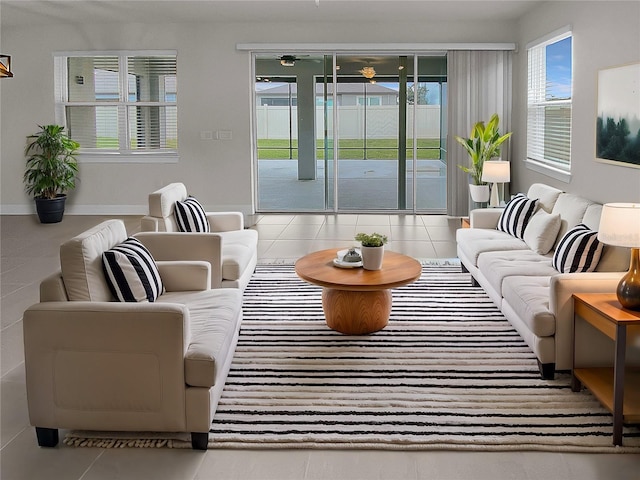 living area featuring tile patterned flooring