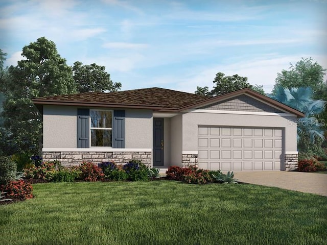 ranch-style home featuring driveway, stone siding, an attached garage, a front lawn, and stucco siding