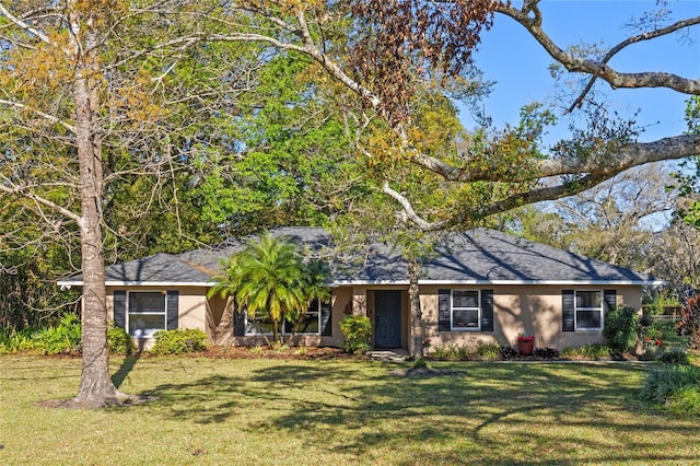 single story home with a front lawn and stucco siding