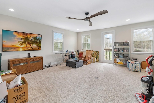 game room with ceiling fan, baseboards, carpet flooring, and recessed lighting