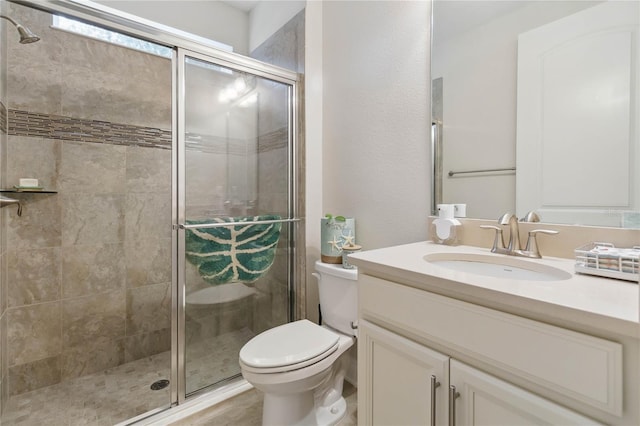 bathroom featuring toilet, a stall shower, and vanity