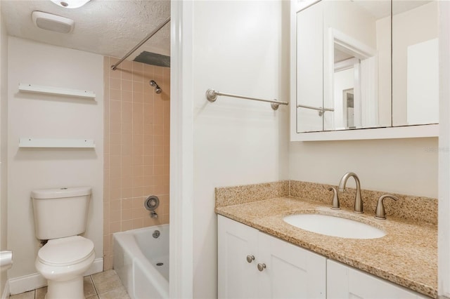 bathroom with toilet, tile patterned floors, bathtub / shower combination, a textured ceiling, and vanity