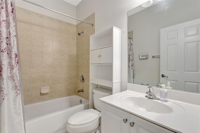 full bathroom featuring toilet, shower / bath combination with curtain, and vanity