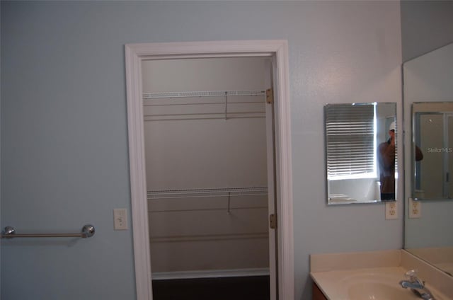 bathroom featuring a spacious closet and vanity