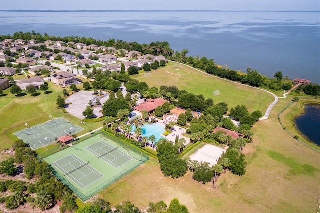 aerial view featuring a water view and a residential view