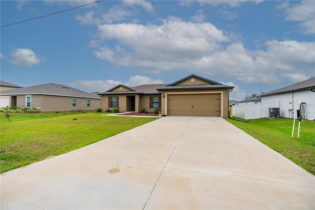 ranch-style home featuring a garage, concrete driveway, central air condition unit, a front lawn, and stucco siding