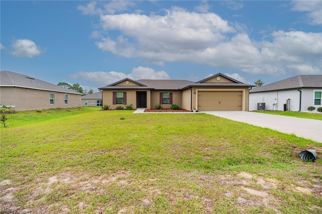 ranch-style home featuring a garage, concrete driveway, and a front yard