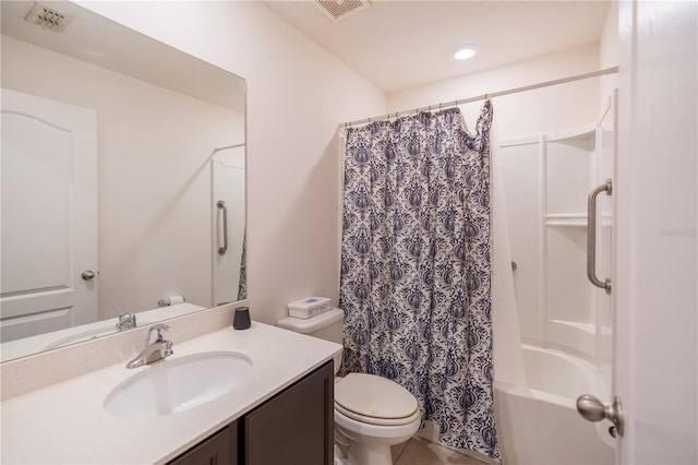 full bath with toilet, visible vents, shower / bath combination with curtain, and vanity