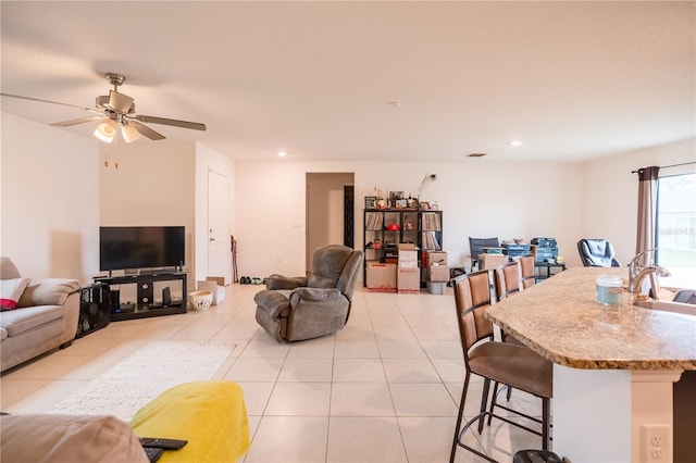 dining space featuring a ceiling fan, recessed lighting, and light tile patterned floors