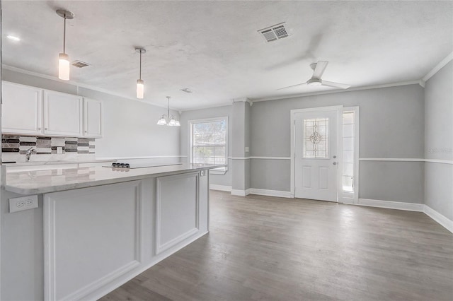 kitchen featuring tasteful backsplash, white cabinets, ceiling fan, wood finished floors, and pendant lighting