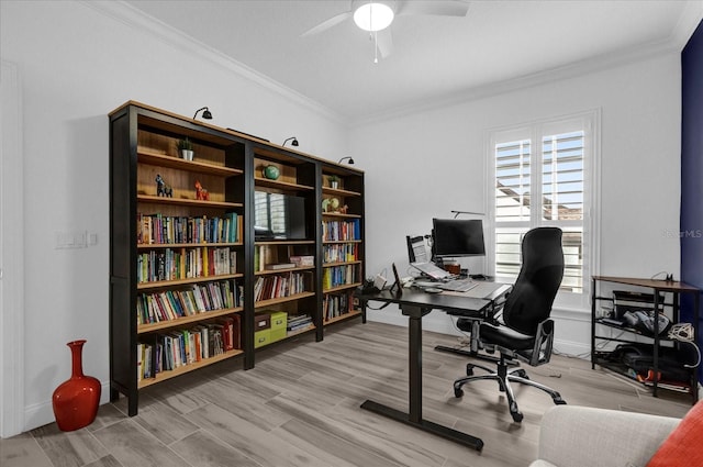 office area featuring ceiling fan, light wood finished floors, baseboards, and crown molding