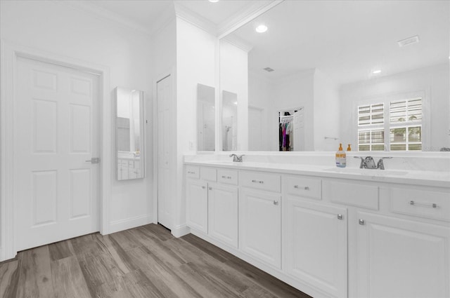 bathroom with ornamental molding, a walk in closet, a sink, and wood finished floors