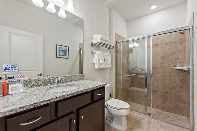 full bath with toilet, a stall shower, tile patterned floors, and vanity