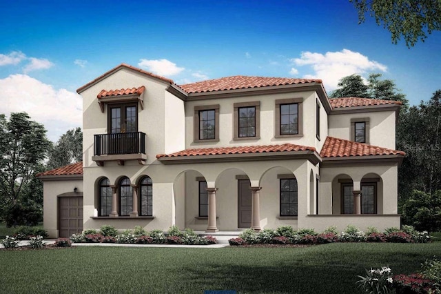 mediterranean / spanish-style home featuring a front yard, a tile roof, a balcony, and stucco siding