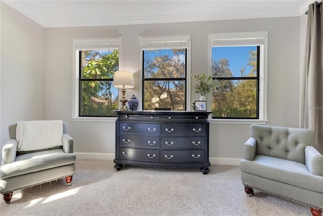 sitting room with carpet floors, ornamental molding, and baseboards