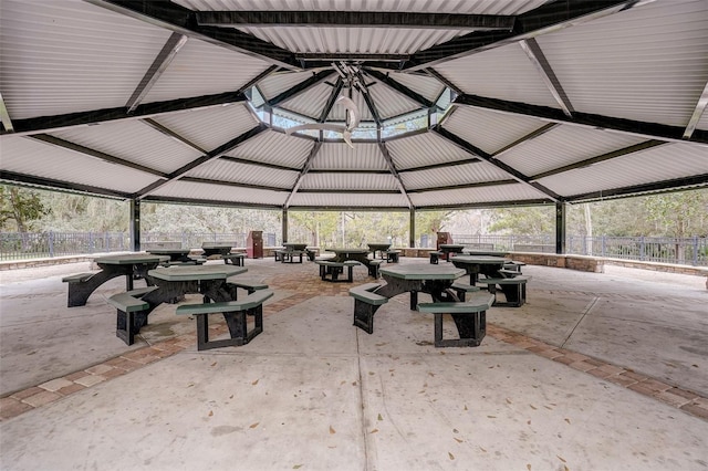 interior space with fence and a gazebo