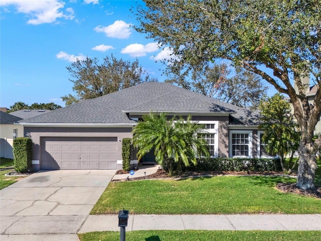 view of front facade with a garage, a shingled roof, concrete driveway, stucco siding, and a front lawn