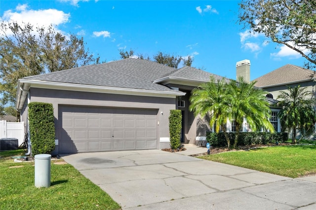 view of front of house with driveway, a shingled roof, an attached garage, a front yard, and stucco siding