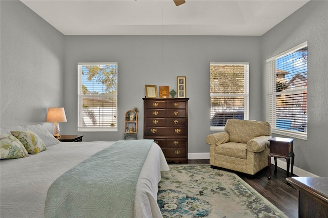 bedroom featuring a ceiling fan, multiple windows, baseboards, and wood finished floors