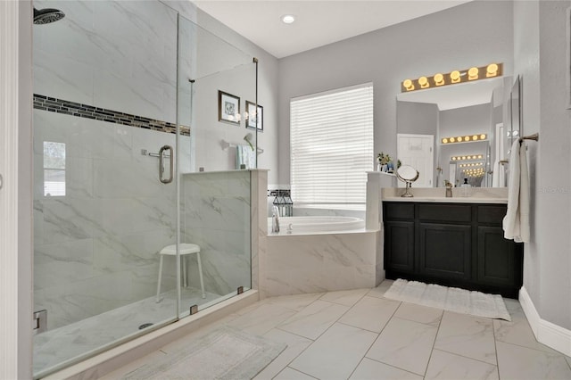 bathroom with marble finish floor, vanity, a marble finish shower, and a bath