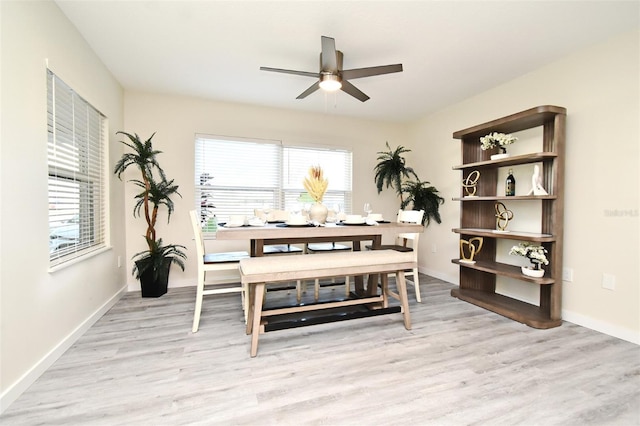 dining room featuring ceiling fan, light wood-type flooring, and baseboards