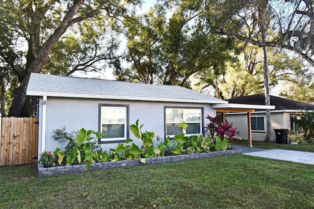 single story home with a front yard, fence, and stucco siding