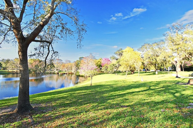 view of home's community with a yard and a water view