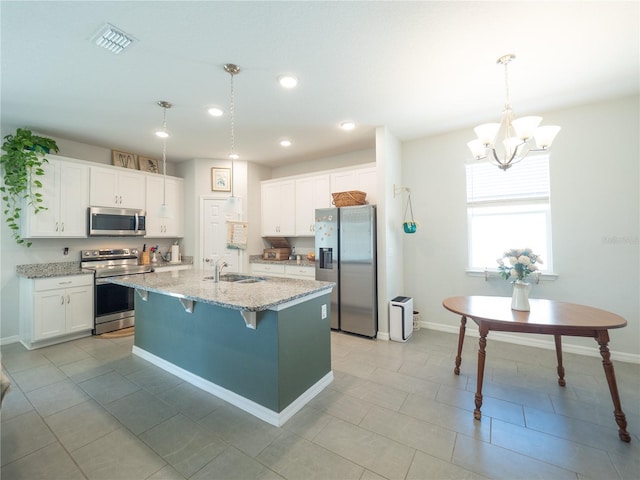 kitchen with stainless steel appliances, visible vents, a sink, and white cabinetry