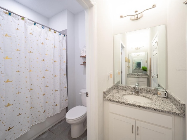 bathroom with shower / tub combo with curtain, vanity, toilet, and tile patterned floors