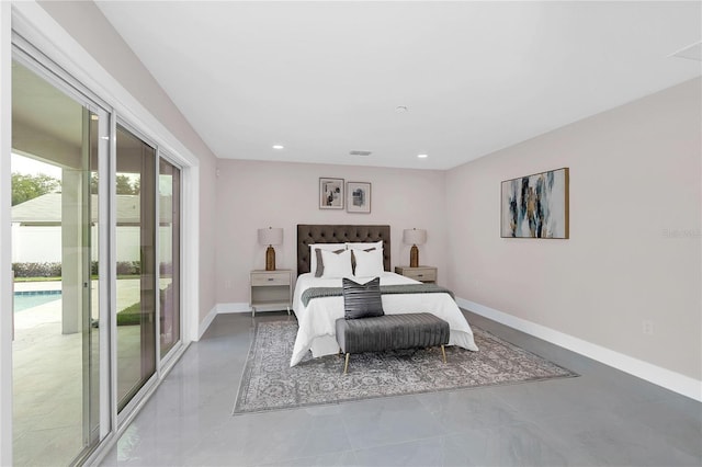 bedroom featuring access to exterior, baseboards, visible vents, and recessed lighting