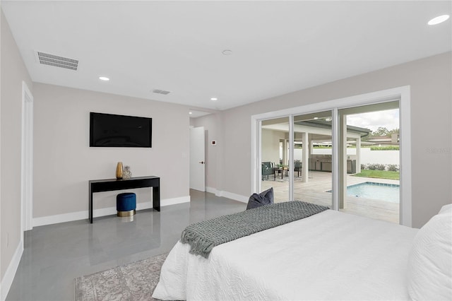 bedroom featuring access to outside, baseboards, visible vents, and recessed lighting