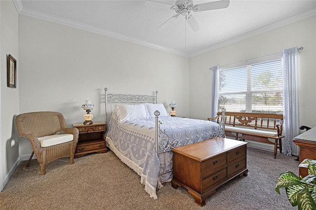 bedroom featuring ceiling fan, carpet, baseboards, and crown molding