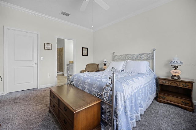 bedroom featuring carpet, crown molding, visible vents, ensuite bathroom, and ceiling fan