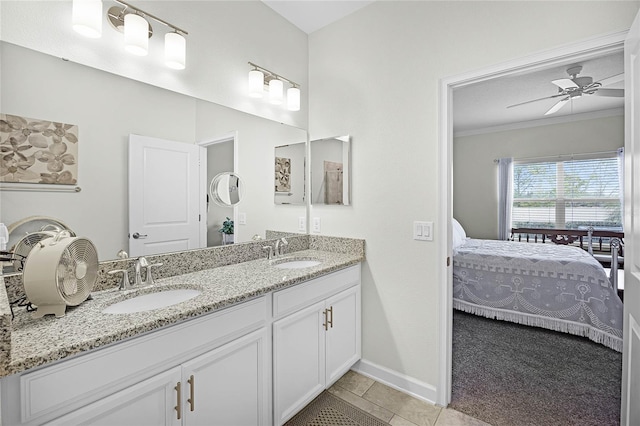 full bathroom with connected bathroom, crown molding, a sink, and a ceiling fan