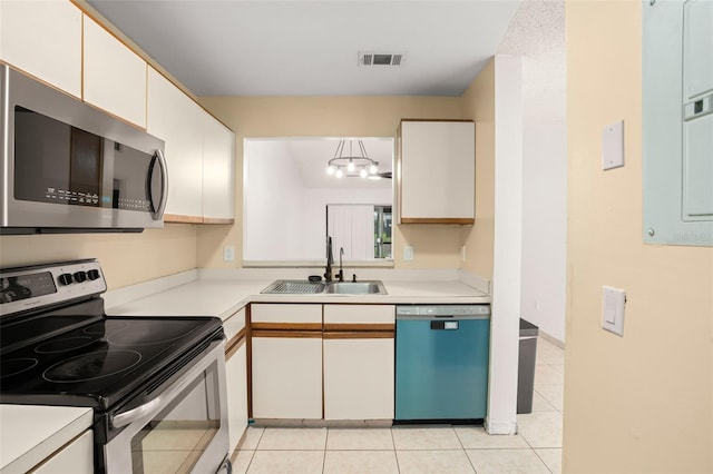 kitchen featuring a sink, visible vents, light countertops, appliances with stainless steel finishes, and electric panel