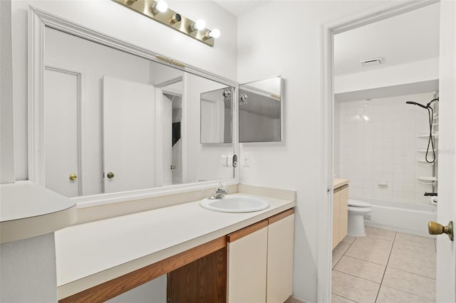 bathroom featuring visible vents, toilet, vanity, shower / tub combination, and tile patterned floors