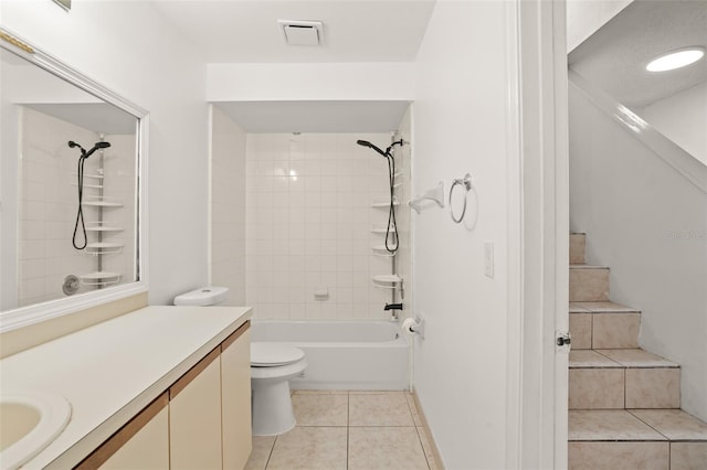 full bath featuring visible vents, toilet, tile patterned flooring, vanity, and washtub / shower combination