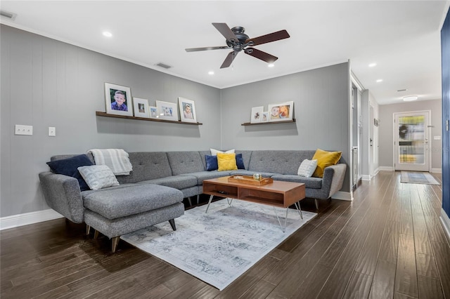 living room with recessed lighting, baseboards, visible vents, and dark wood-style flooring