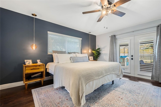 bedroom with ceiling fan, baseboards, french doors, wood finished floors, and access to outside