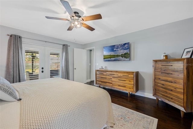 bedroom featuring access to exterior, dark wood-type flooring, ceiling fan, baseboards, and french doors