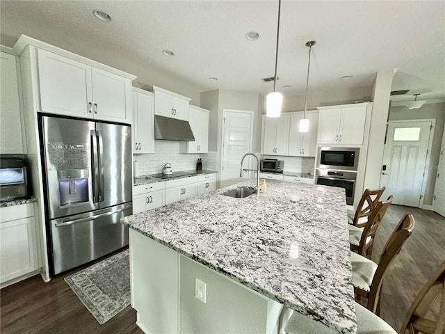 kitchen featuring dark wood-style floors, appliances with stainless steel finishes, a sink, under cabinet range hood, and backsplash