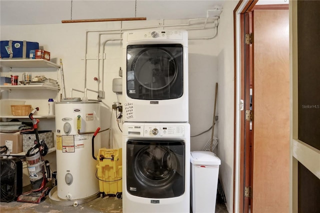 44 Capistrano Dr, Ormond Beach, FL 32176 - laundry room with stacked washing maching and dryer, water heater, and laundry area