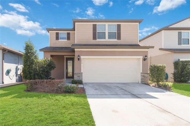 view of front of house with a front lawn, stone siding, driveway, and an attached garage