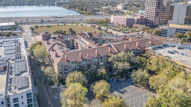 bird's eye view with a water view