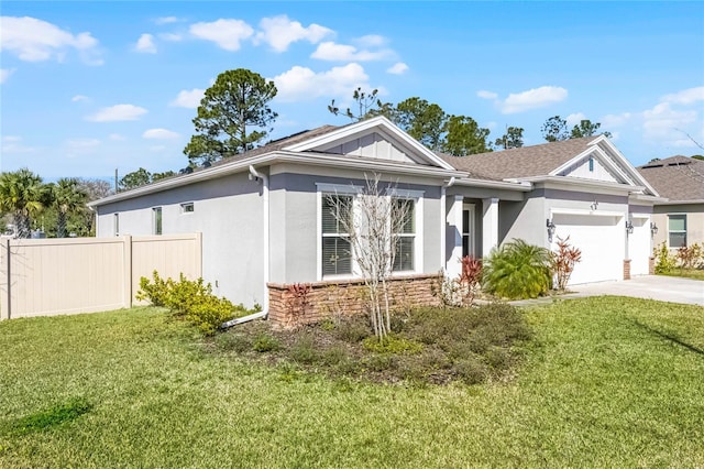 ranch-style house featuring stucco siding, an attached garage, a front yard, fence, and driveway