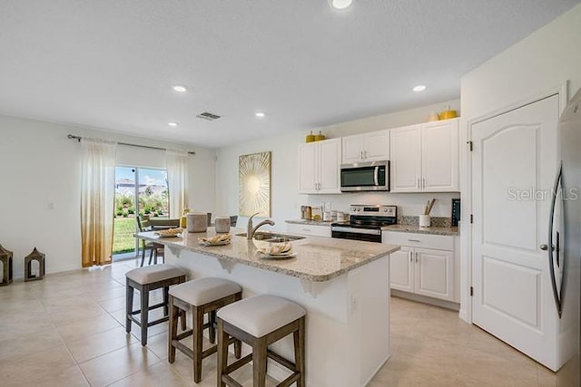 kitchen with visible vents, appliances with stainless steel finishes, a kitchen bar, white cabinetry, and a sink