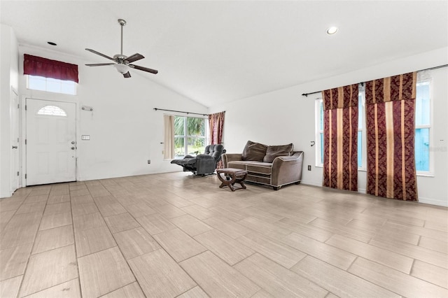 living room with high vaulted ceiling, a ceiling fan, and recessed lighting