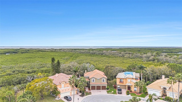 aerial view featuring a wooded view